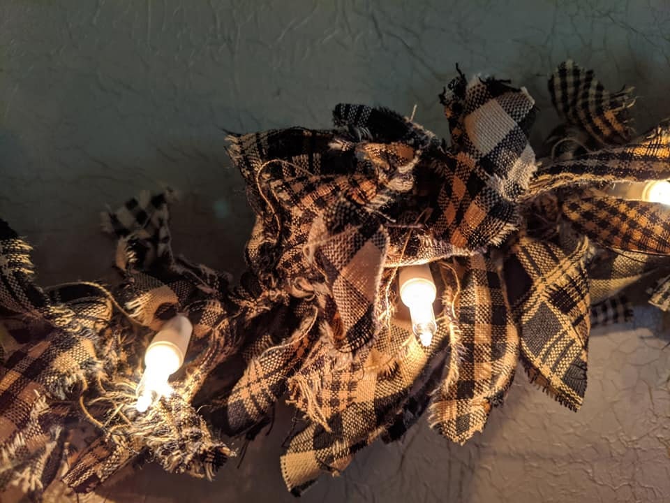 Homespun Lighted rag garland 10', 50 Lights Homespun Rag Fabric Garland, Rustic decor, Primitive Lighted Rag Garland, Country Western